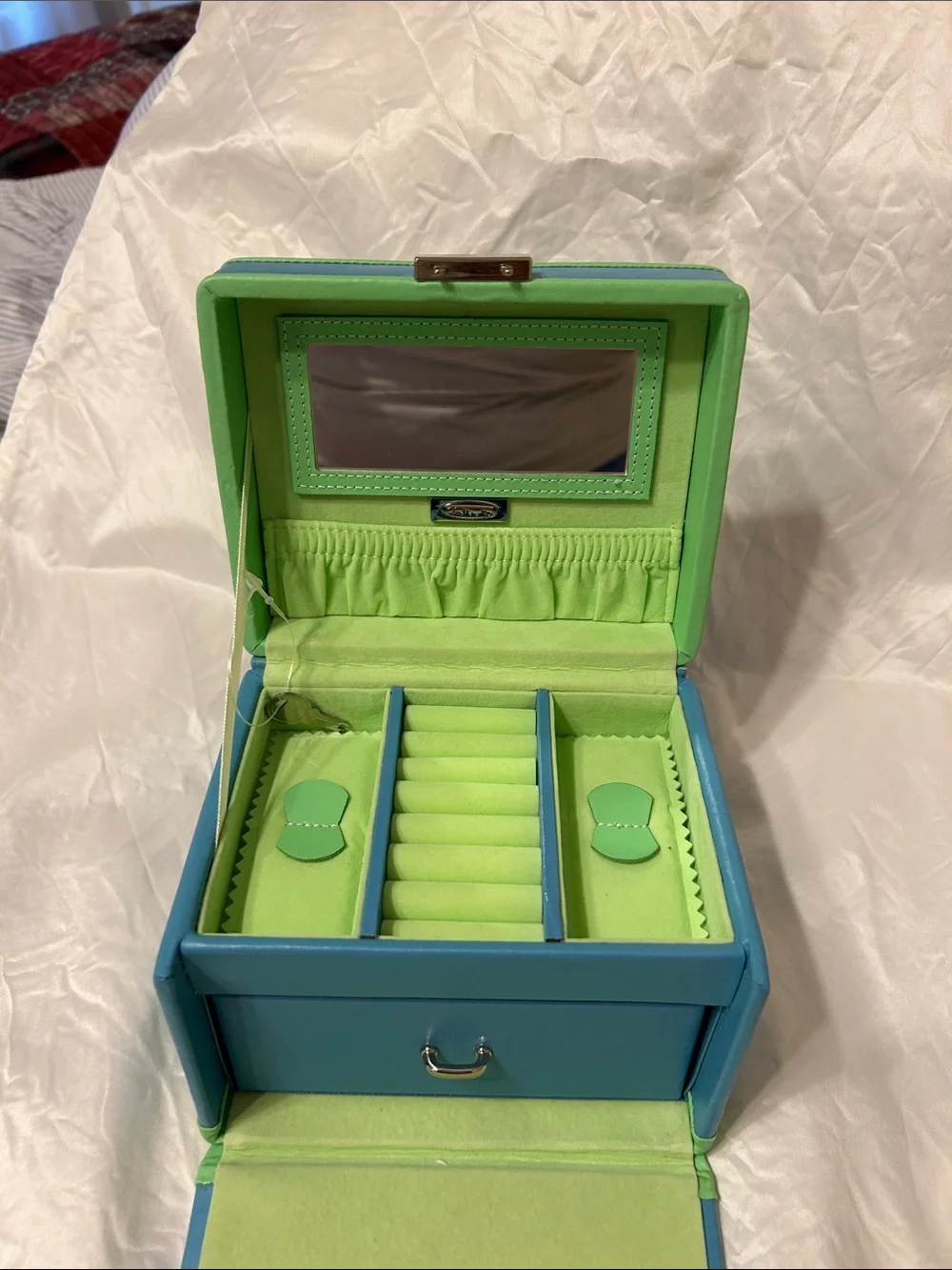 Talbots Blue Jewelry Box with Lime Trim and Top Handle